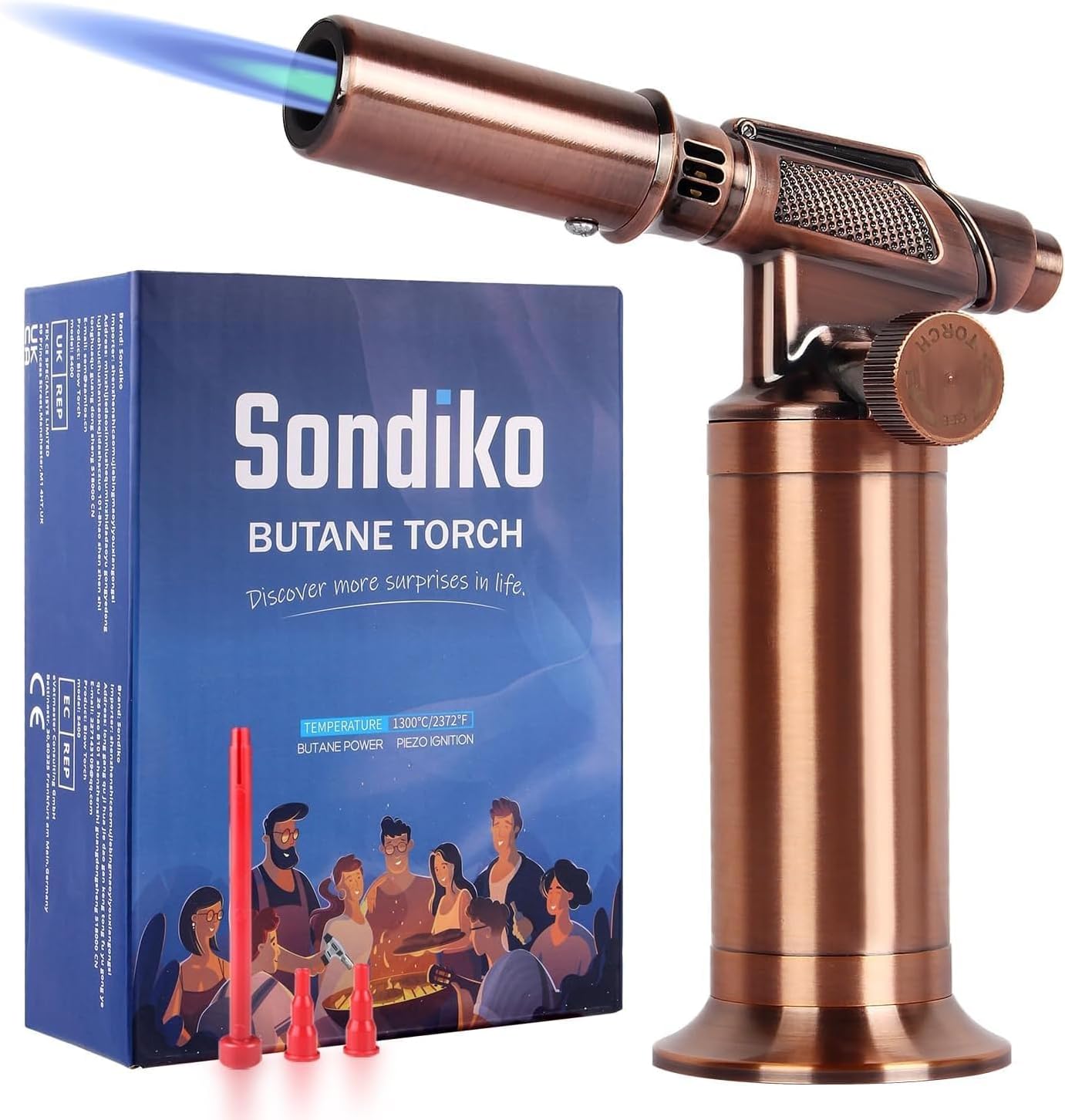 Sondiko Premium All Metal Big Flame Butane Torch Lighter, Refillable Blow Torch with Adjustable&Wind Resistance Flame for Cooking, BBQ(Butane Gas not Included)