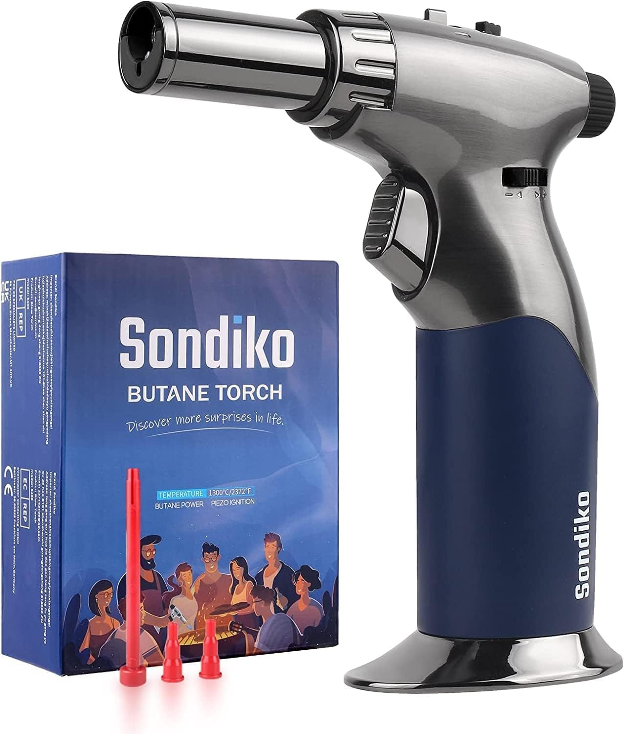 Sondiko Butane Dual Adjustable Flame Size Butane Torch Lighter, Mini Blow Torch, Refillable kitchen Torch with Continuous Flame Lock for Creme Brulee, Cooking (Butane Gas Is Not Included)