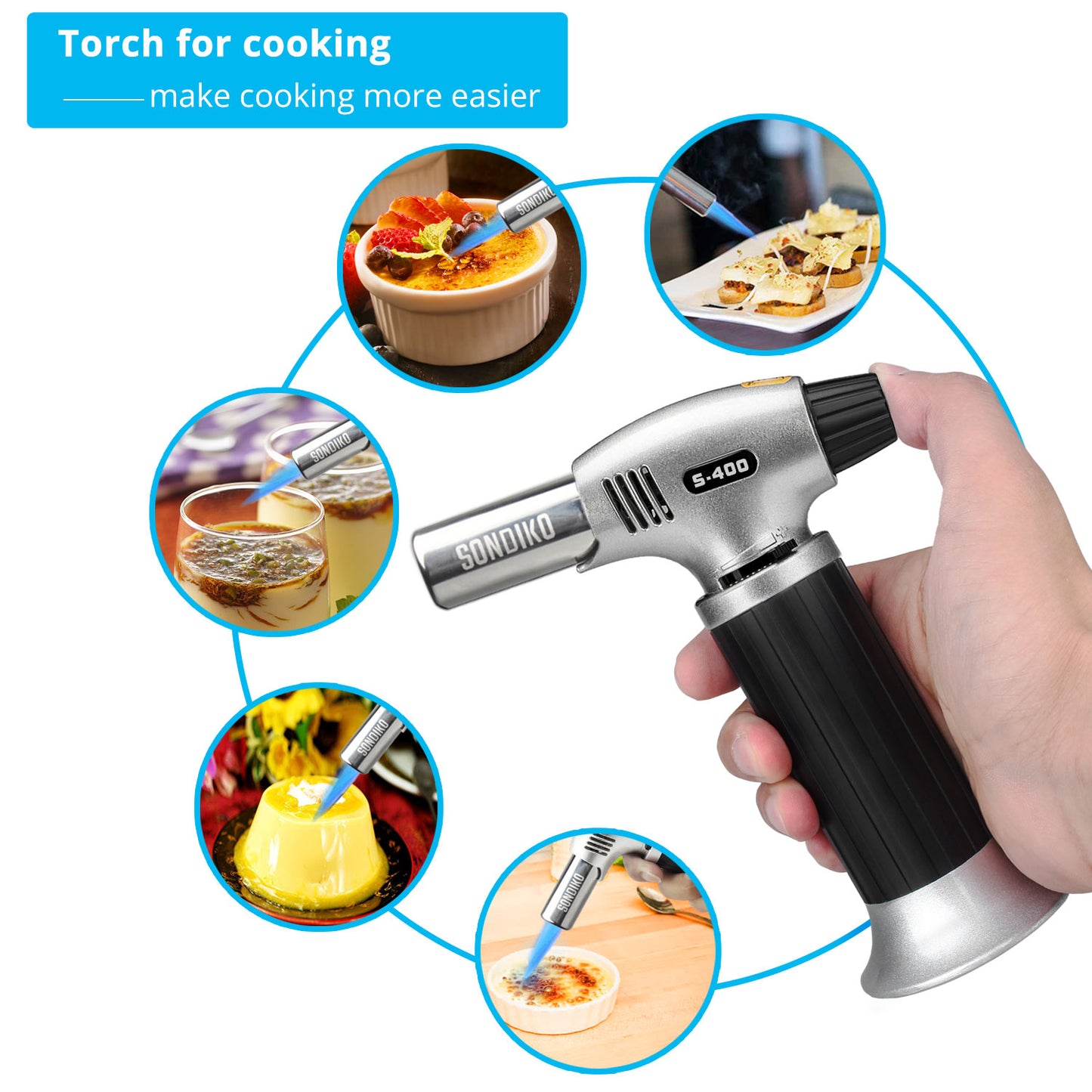 Sondiko Butane Torch S400, Refillable Kitchen Torch Lighter, Fit All Butane Tanks Blow Torch with Safety Lock and Adjustable Flame for Desserts, Creme Brulee, and Baking—Butane Gas Is Not Included