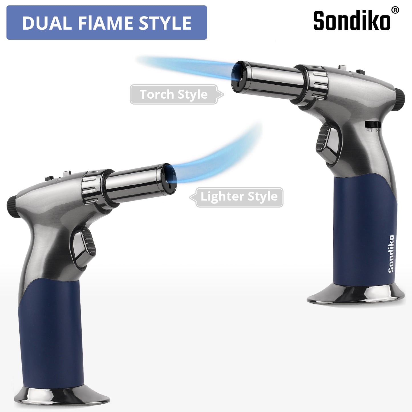 Sondiko Butane Dual Adjustable Flame Size Butane Torch Lighter, Mini Blow Torch, Refillable kitchen Torch with Continuous Flame Lock for Creme Brulee, Cooking (Butane Gas Is Not Included)
