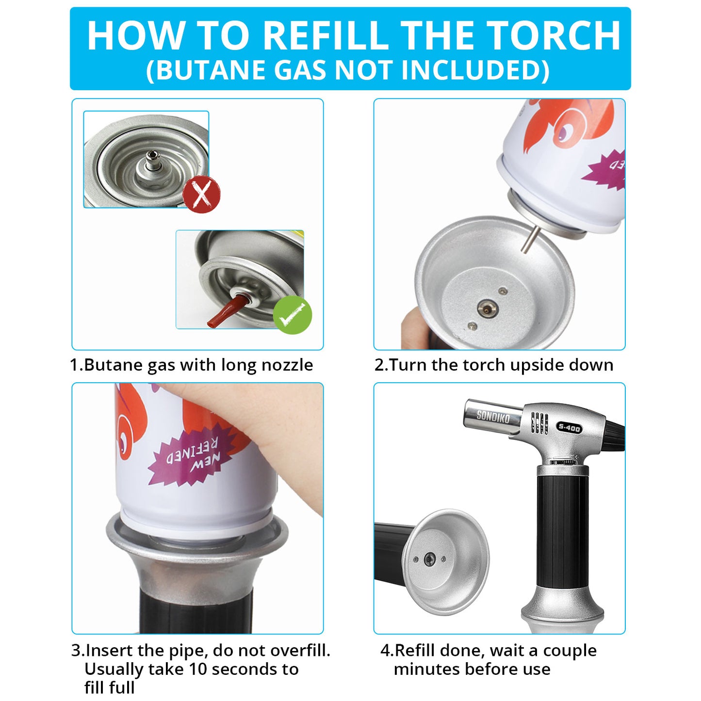 Sondiko Butane Torch S400, Refillable Kitchen Torch Lighter, Fit All Butane Tanks Blow Torch with Safety Lock and Adjustable Flame for Desserts, Creme Brulee, and Baking—Butane Gas Is Not Included
