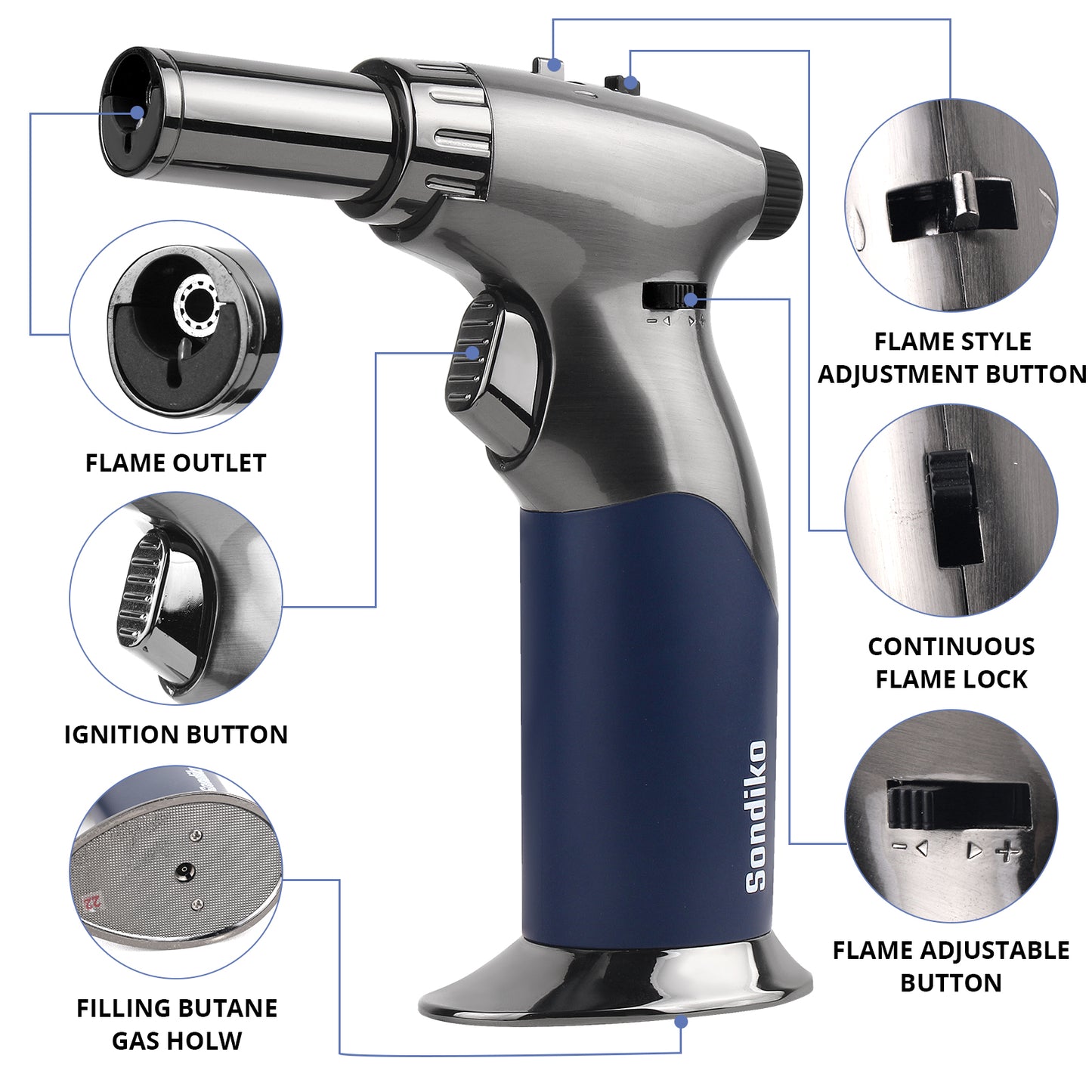 Sondiko Butane Dual Adjustable Flame Size Butane Torch Lighter, Mini Blow Torch, Refillable kitchen Torch with Continuous Flame Lock for Creme Brulee, Cooking (Butane Gas Is Not Included)