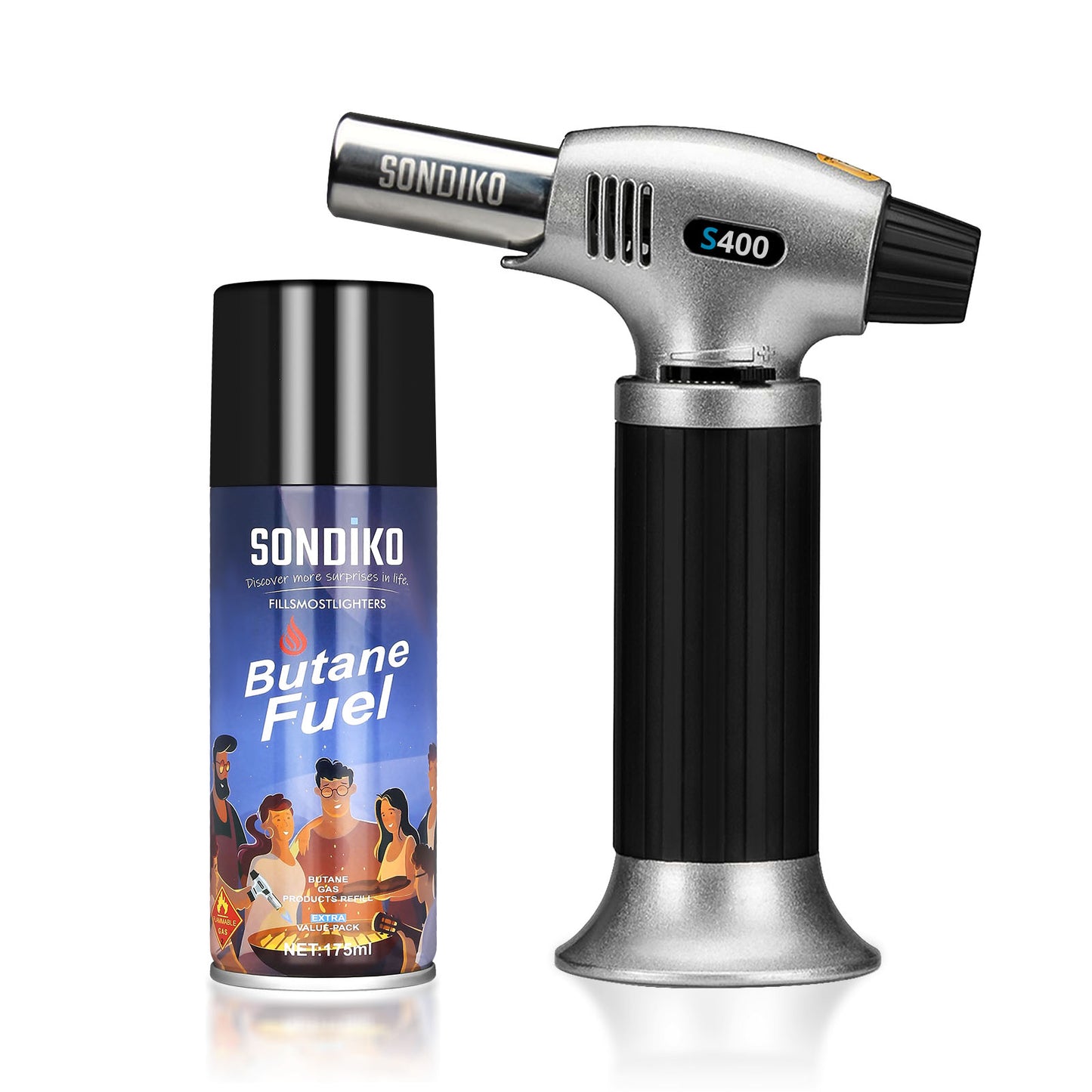 Sondiko Torch Lighter with Butane Included, Premium Fuel Refill and Butane Torch Kit, Refillable Kitchen Torch with Butane Fuel Refill 175ml for Men Unique, Soldering, Cooking