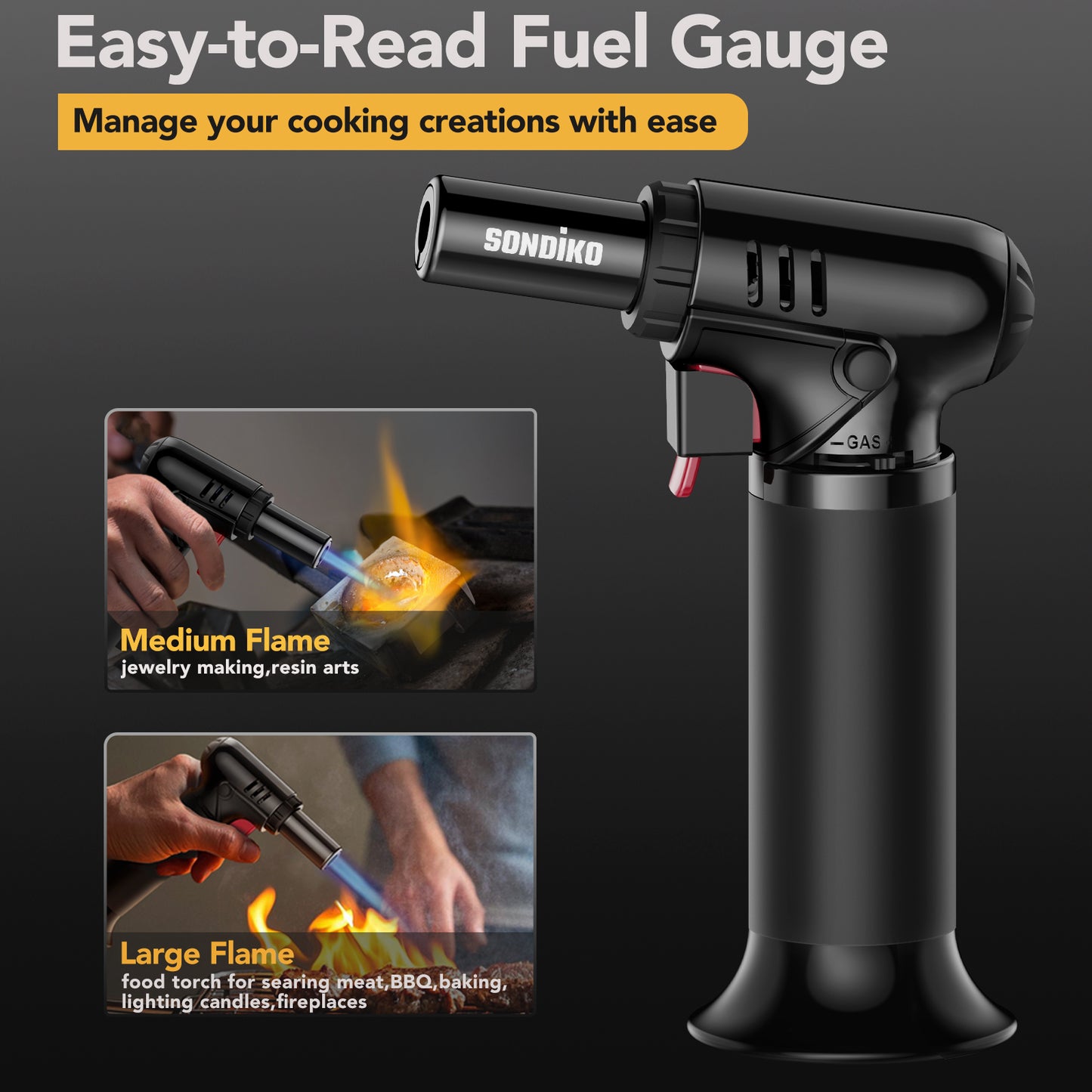 Sondiko Butane Torch with Fuel Gauge S907, Refillable Soldering Torch Lighter with Adjustable Flame for Welding, Resin Art, Industrial(Butane Gas Not Included)