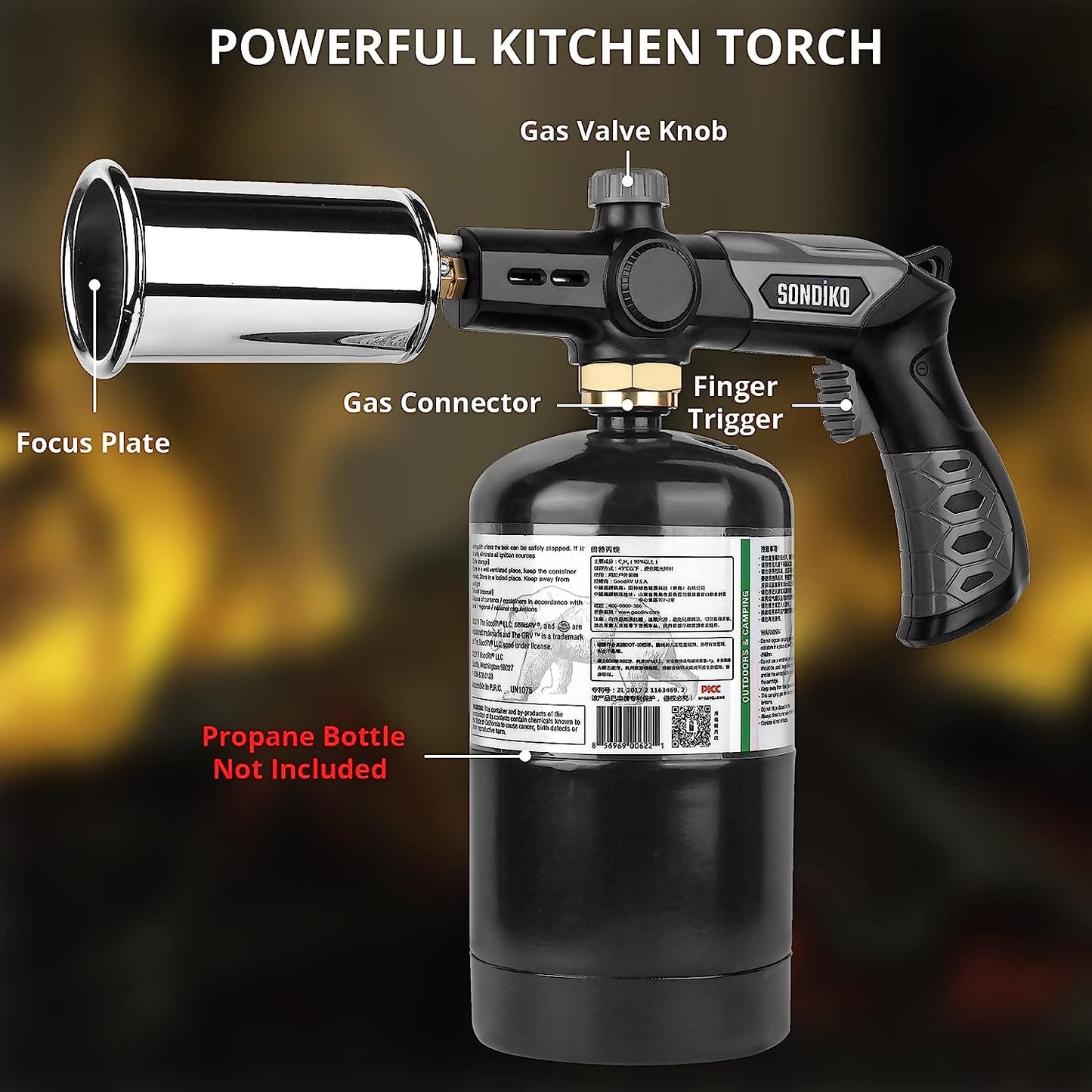 Sondiko Powerful Grill & Cooking Propane Torch L8010, Sous Vide, Campfire Starter, Adjustable Wood Torch Burner for Searing Steak, BBQ, Welding(Black, Grey) Propane Tank Not Included